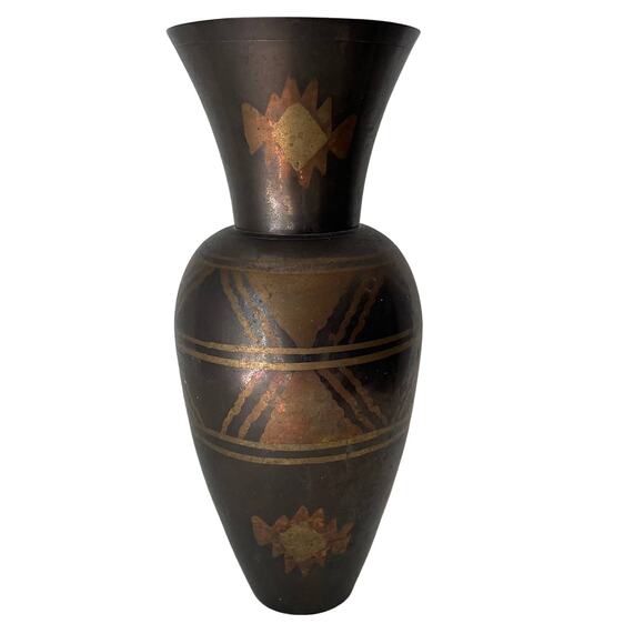 BRASS Vase Natural Patina Tri Color Aged Aztec or Native Amer. Indian Design - Picture 3 of 8